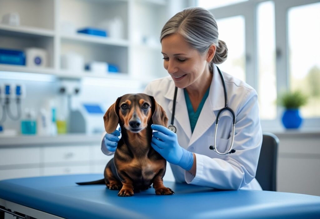 Vet examining Dachshund’s ears during routine appointment.