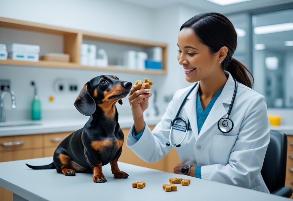 Veterinarian giving treat to Dachshund after check-up.