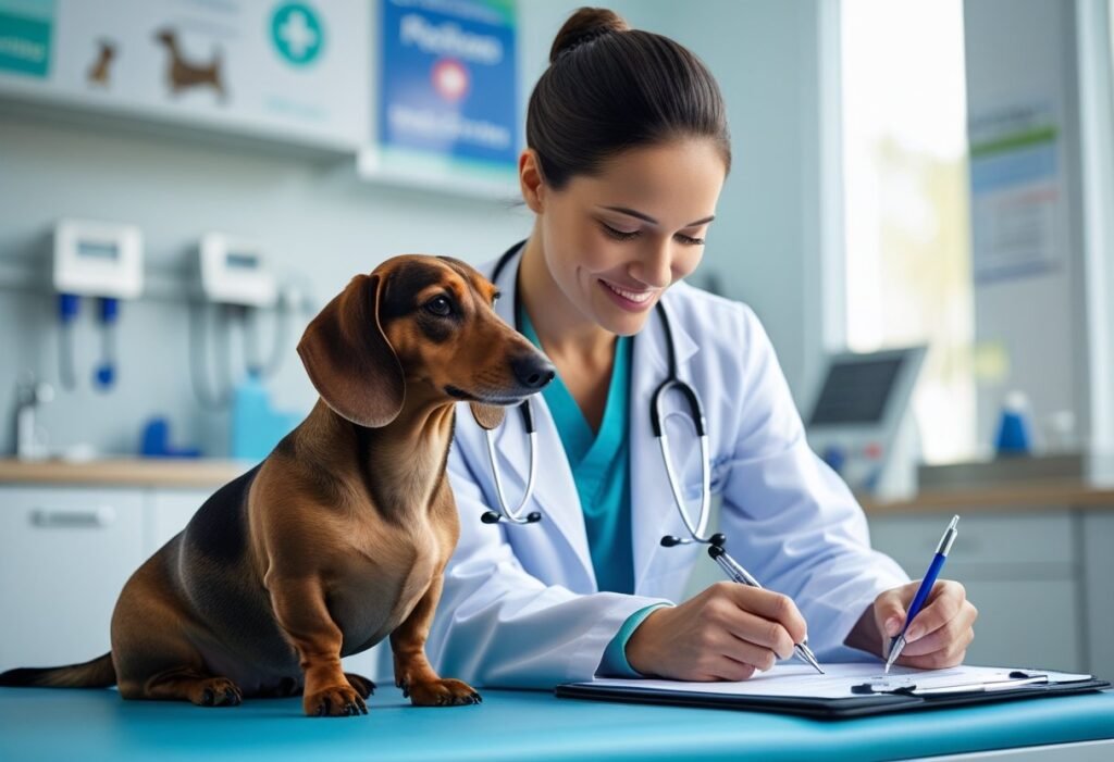 Veterinarian writing notes while Dachshund sits beside them.
