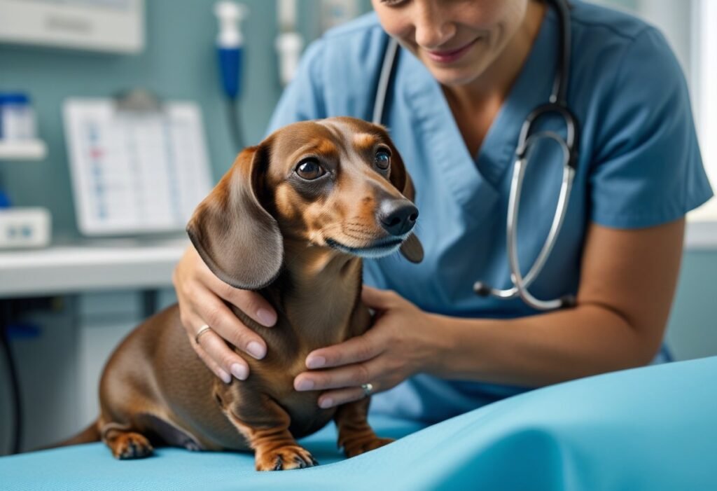 Owner comforting Dachshund during vet appointment.