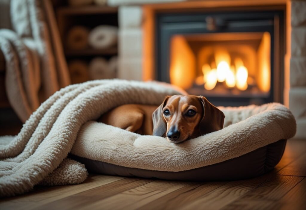 Short-haired Dachshund in a cozy bed by a fireplace – winter care for dachshunds.