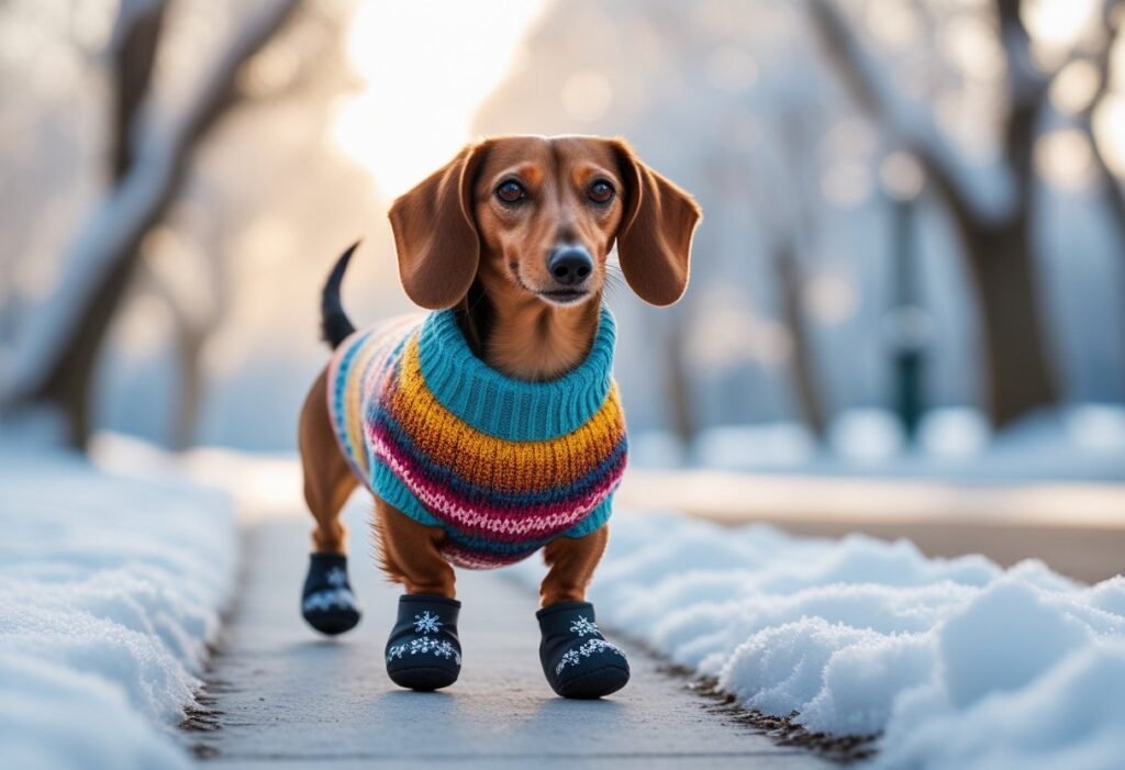 Dachshund in sweater and boots walking on snow – winter care for dachshunds.