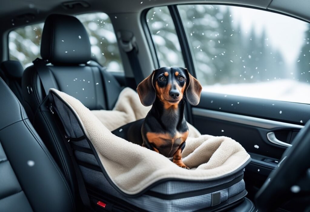 Dachshund in travel carrier with blanket during snow – winter care for dachshunds.
