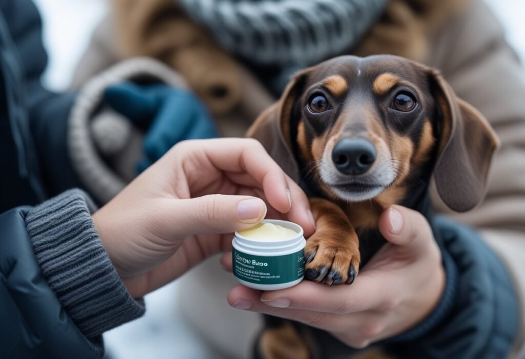 Applying paw balm to Dachshund paw – winter care for dachshunds.
