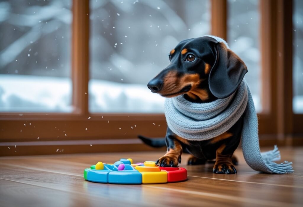 Dachshund with scarf playing indoors in winter – winter care for dachshunds.