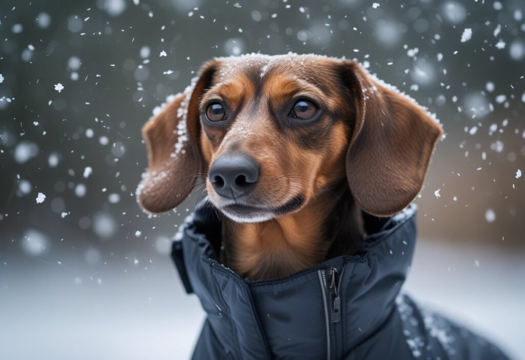 Dachshund in waterproof jacket in snowfall – winter care for dachshunds.