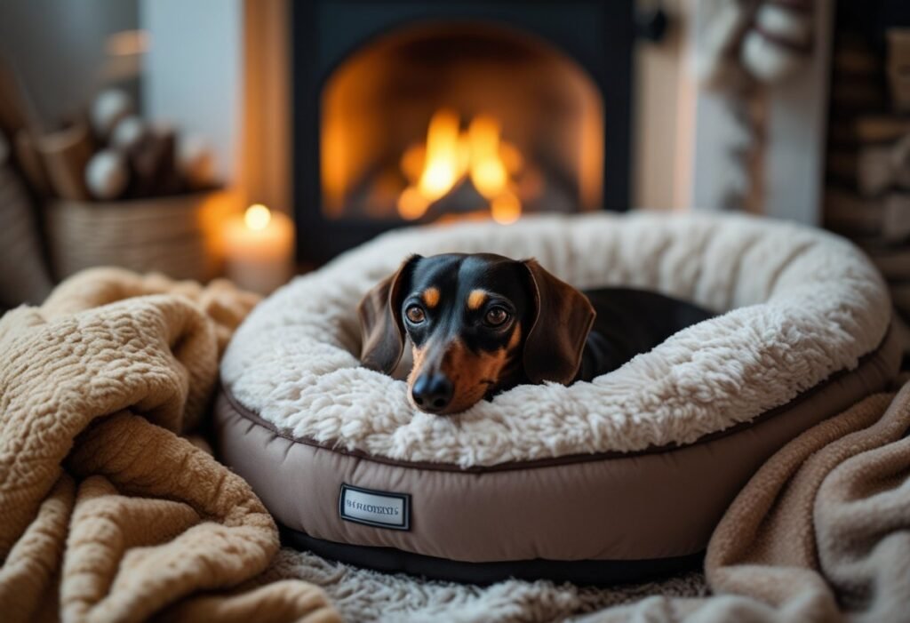 Short-haired Dachshund in a cozy bed by a fireplace – winter care for dachshunds.