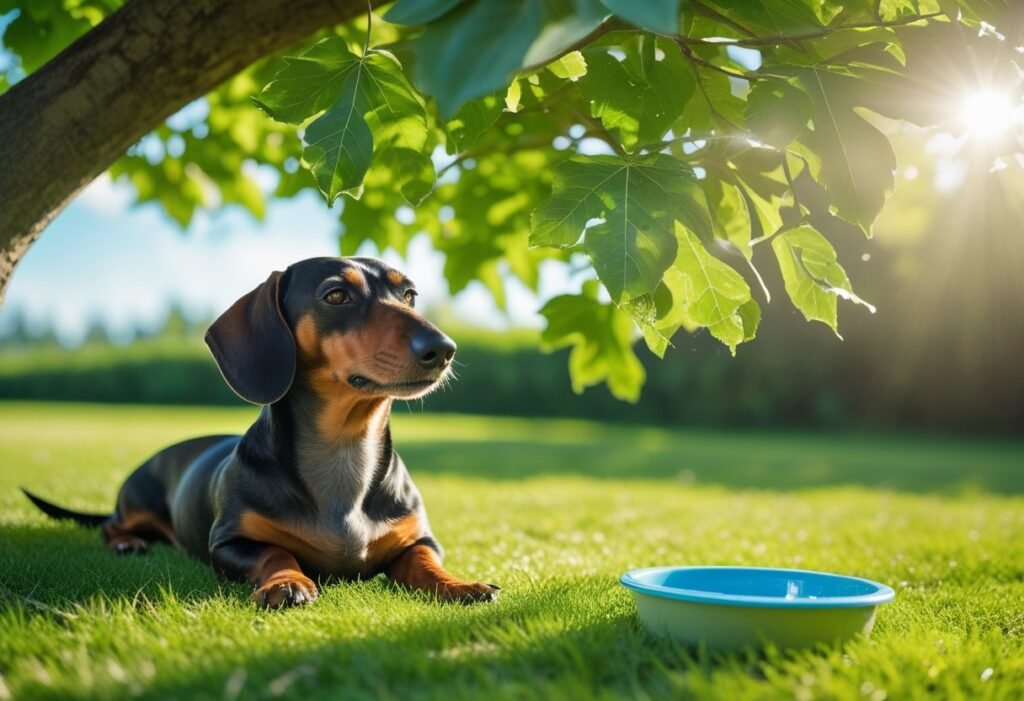 Dachshund resting in shade with water bowl — heatstroke prevention on a hot summer day