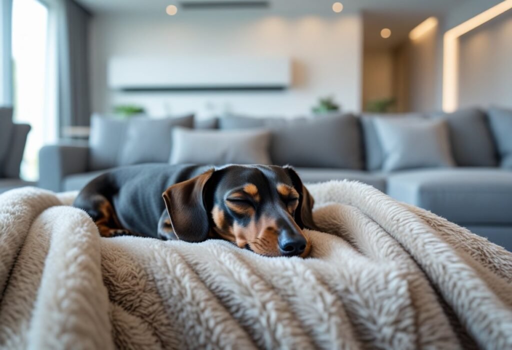 Dachshund sleeping in air-conditioned living room during summer heat