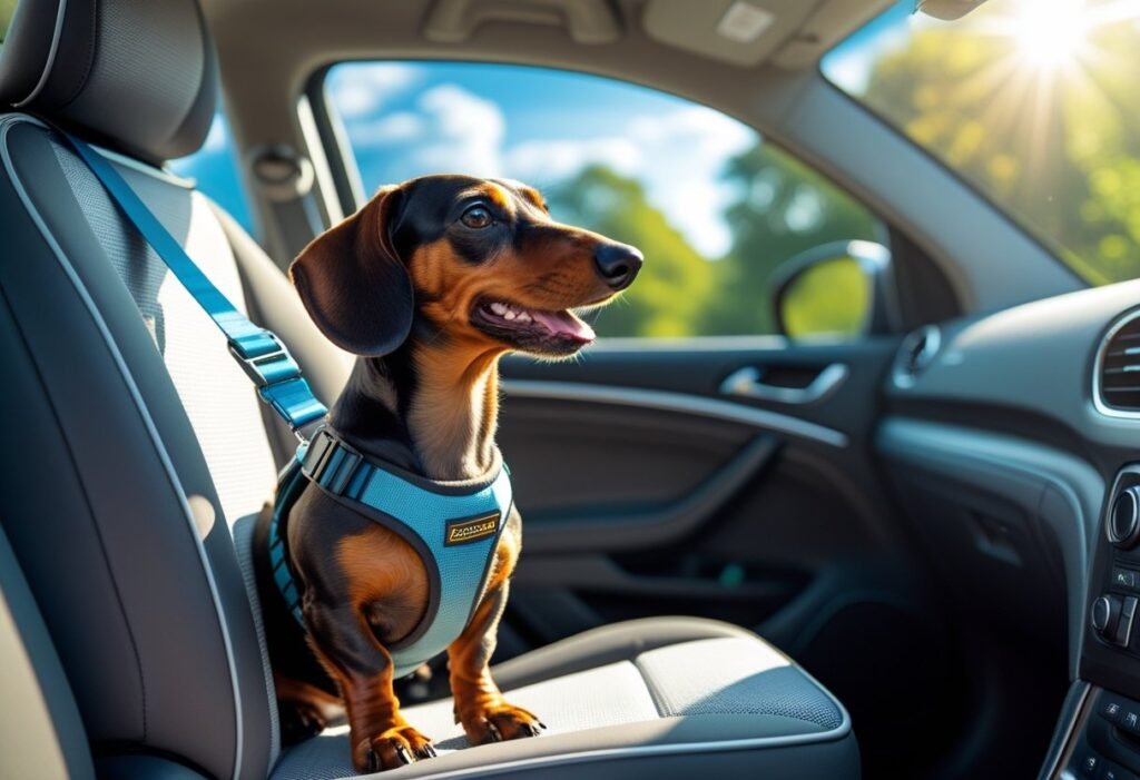 Dachshund in car seat booster with harness during a sunny road trip – traveling with Dachshund safely