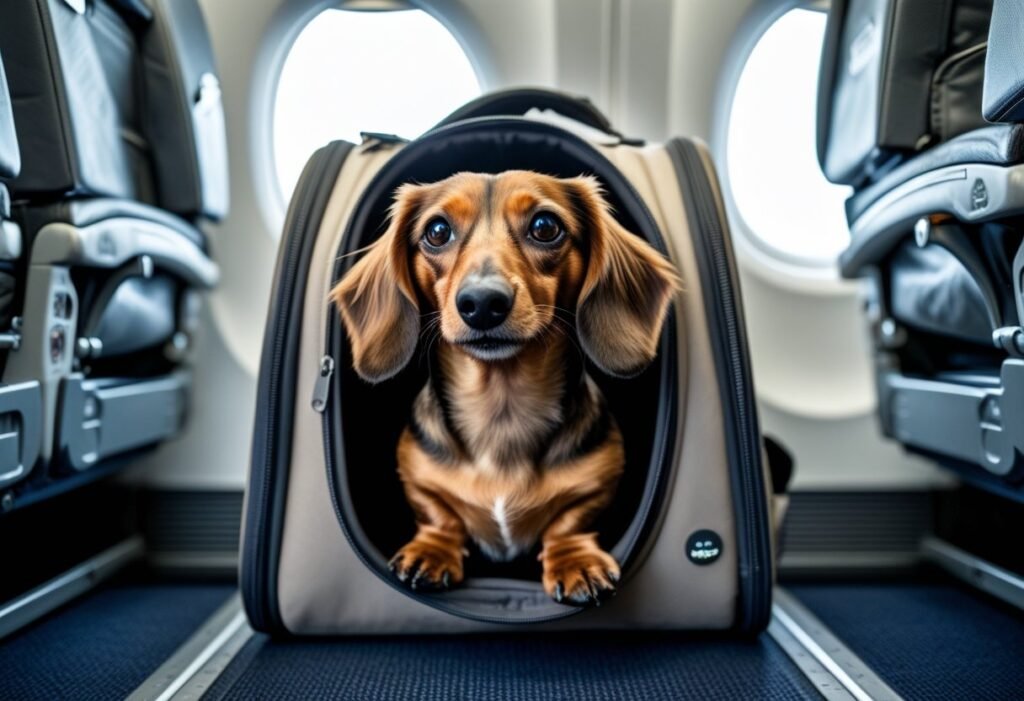 Long-haired Dachshund in pet travel carrier inside airplane cabin – traveling with Dachshund tips