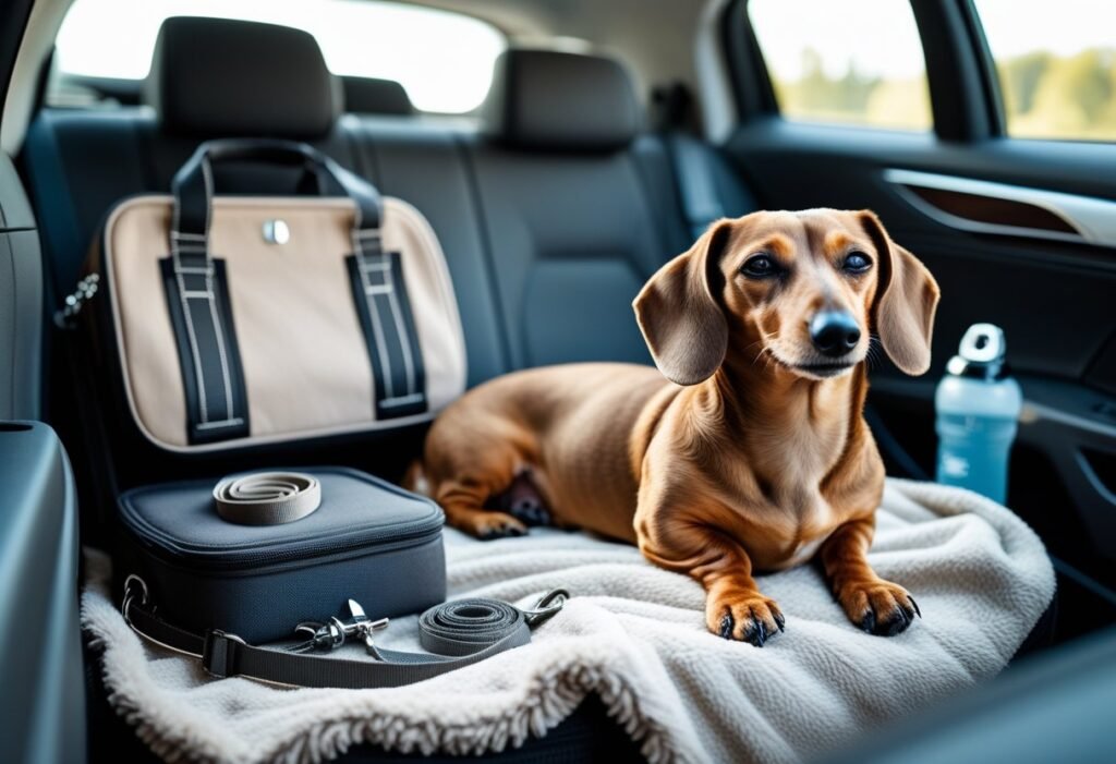 Short-haired Dachshund resting on blanket in car with travel essentials – traveling with Dachshund