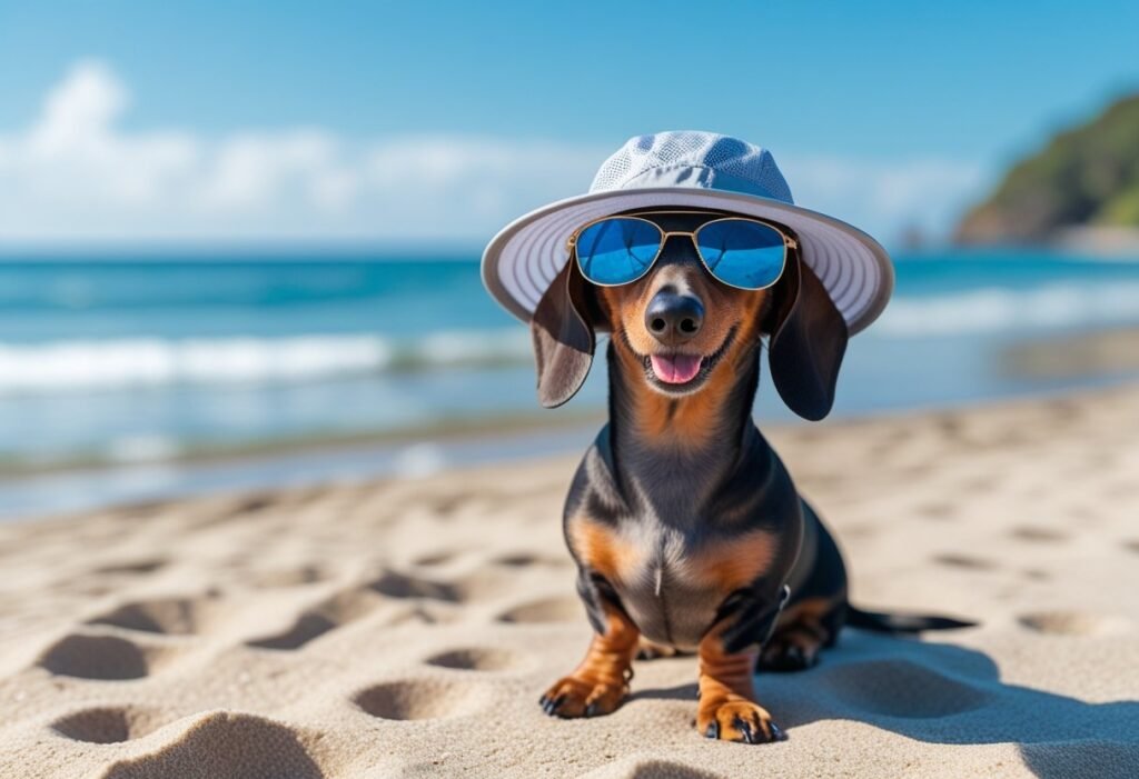 Dachshund on beach with sun hat and sunglasses – fun summer traveling with Dachshund