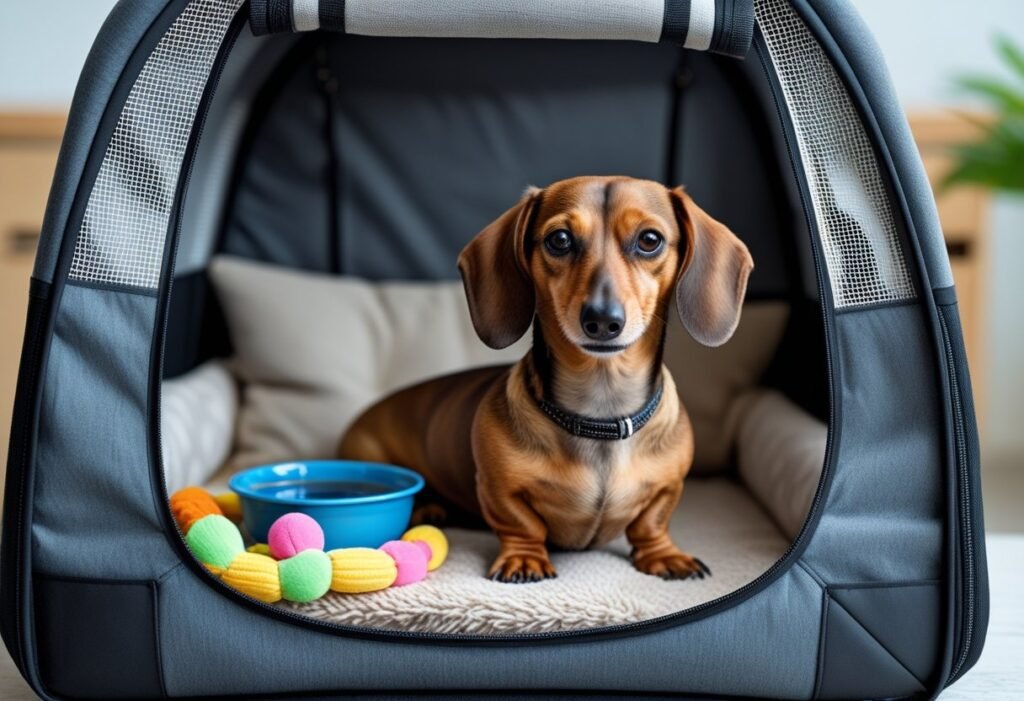 Dachshund in portable crate with water and toys – comfortable traveling with Dachshund setup