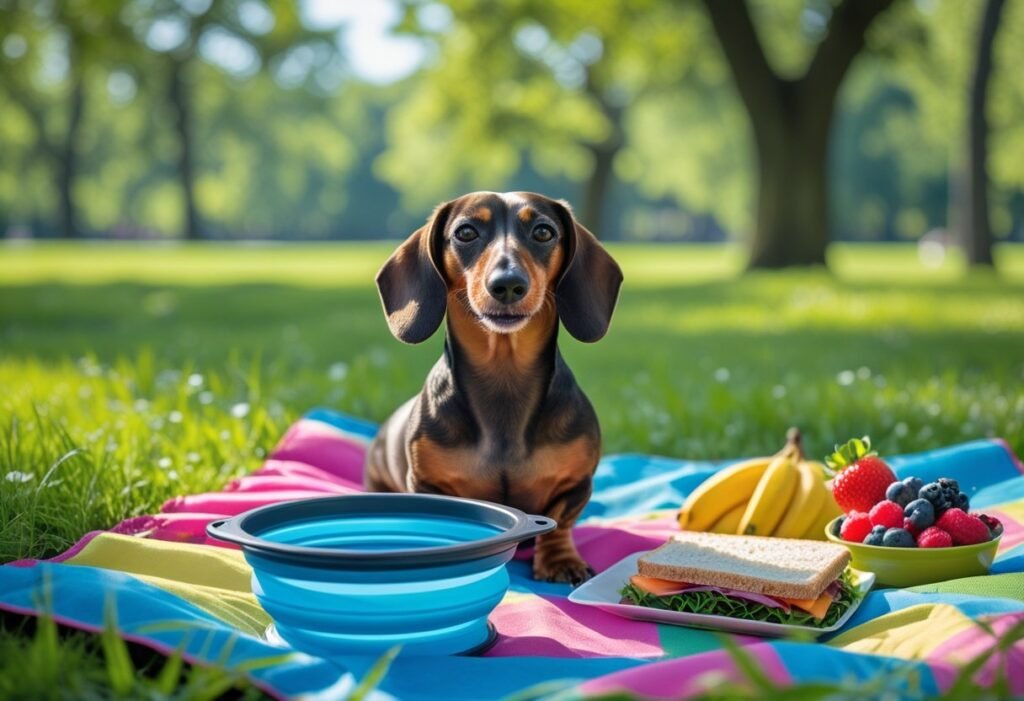 Dachshund at park picnic with collapsible water bowl – outdoor traveling with Dachshund