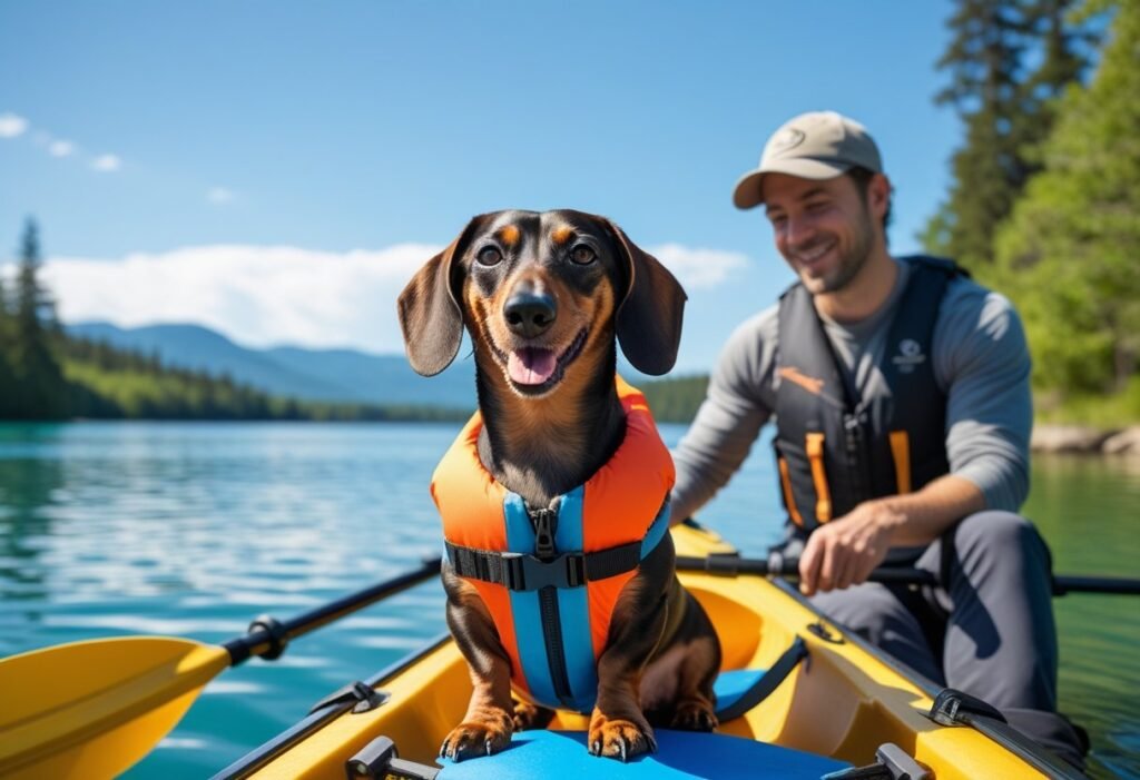 Dachshund in kayak with owner wearing life jacket – water adventure traveling with Dachshund