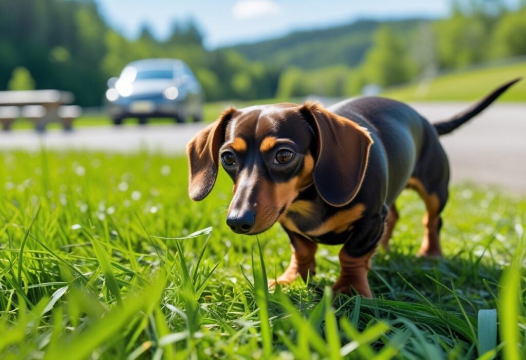 Dachshund sniffing grass at rest stop – road trip traveling with Dachshund break