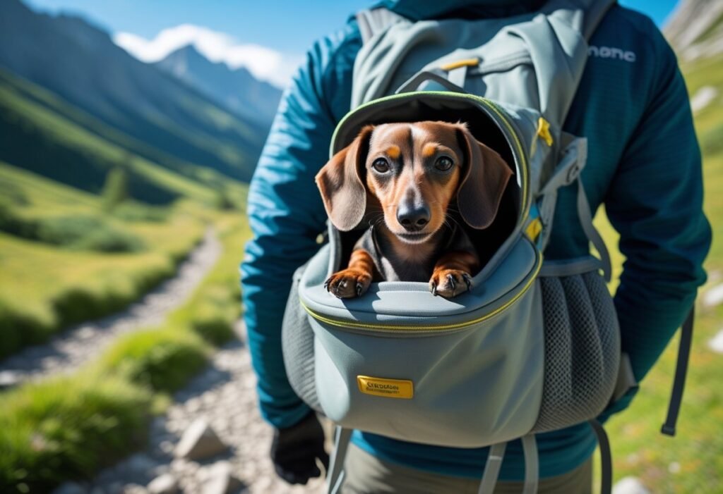 Dachshund in hiking backpack on mountain trail – adventurous traveling with Dachshund hike