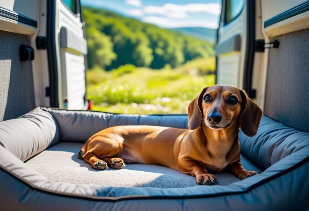 Dachshund on travel bed inside camper van with open door – scenic traveling with Dachshund