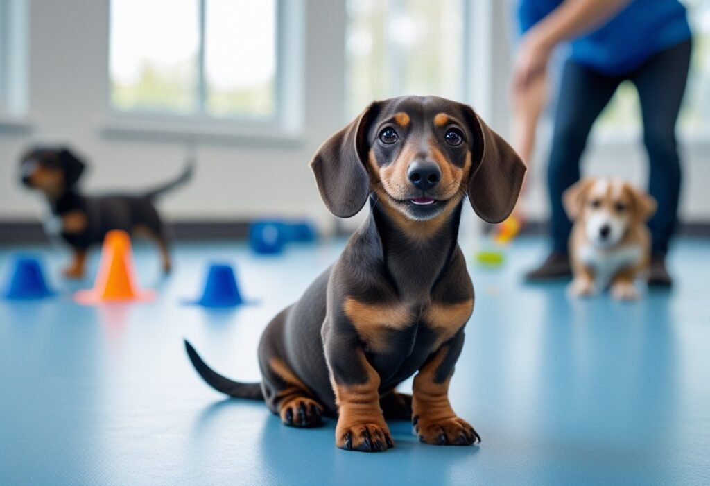 Dachshund puppy sitting attentively in Dachshund training classes with a trainer.