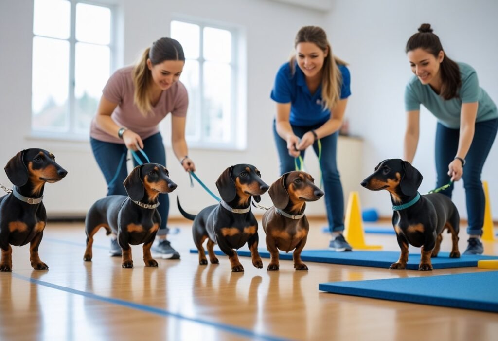 Group of Dachshunds with owners in structured Dachshund training classes.