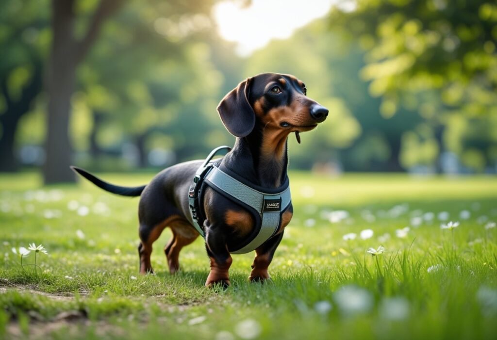 Dachshund wearing harness in recall session at Dachshund training classes.