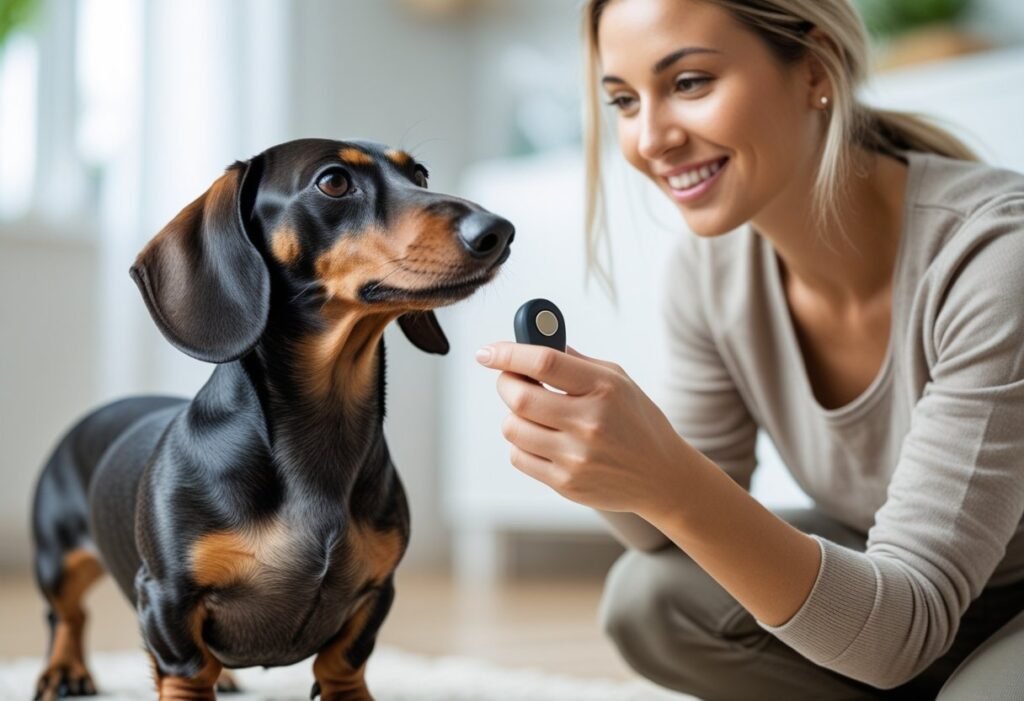 Dachshund focused during clicker session in Dachshund training classes.