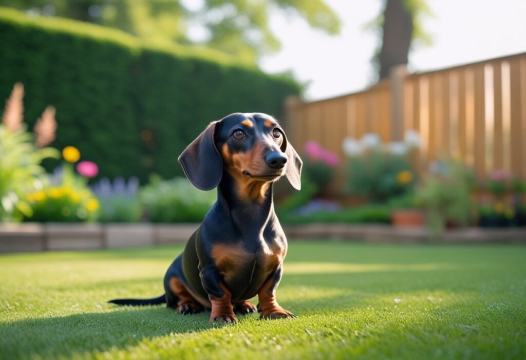 Dachshund learning sit and stay in backyard Dachshund training classes.