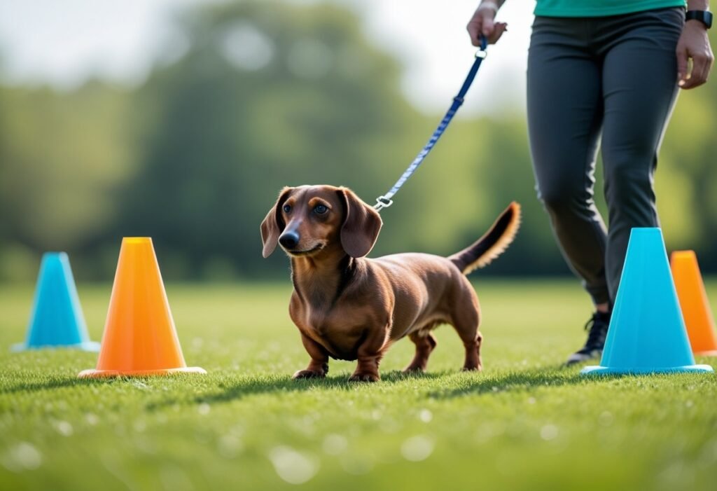 Dachshund walking near training cones in Dachshund training classes.