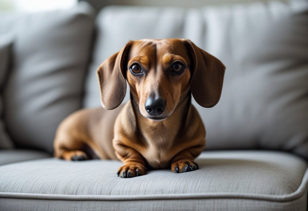 Dachshund with intense eye contact sitting calmly on a couch, displaying focus.