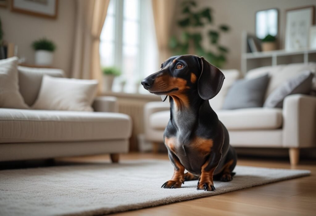 Dachshund staring at its owner with full attention in a cozy home setting.