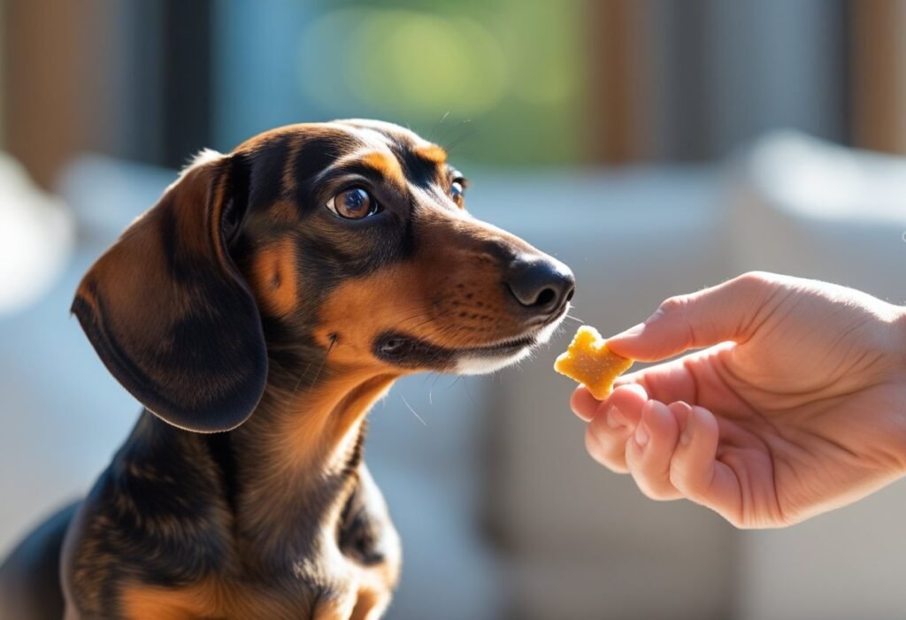 Dachshund giving a focused stare at a treat held by its owner.