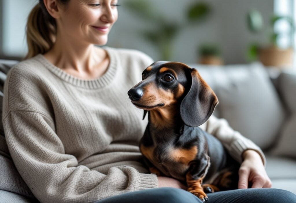 Dachshund and owner sharing an affectionate gaze while the dog sits in the owner's lap.
