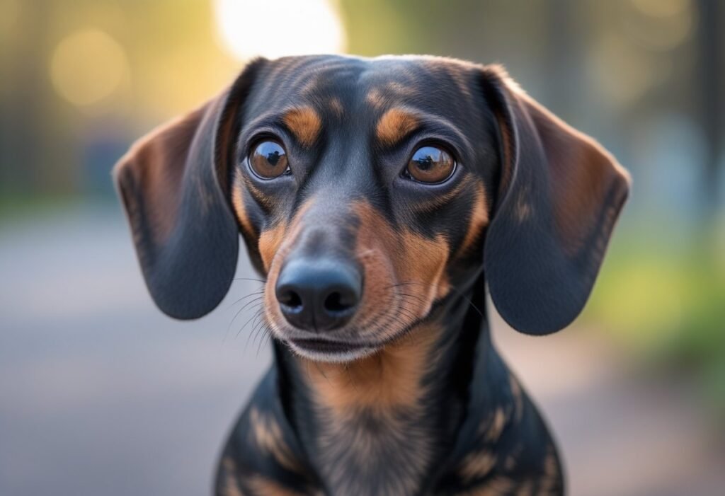 Dachshund with a focused gaze, observing the surroundings during a walk.