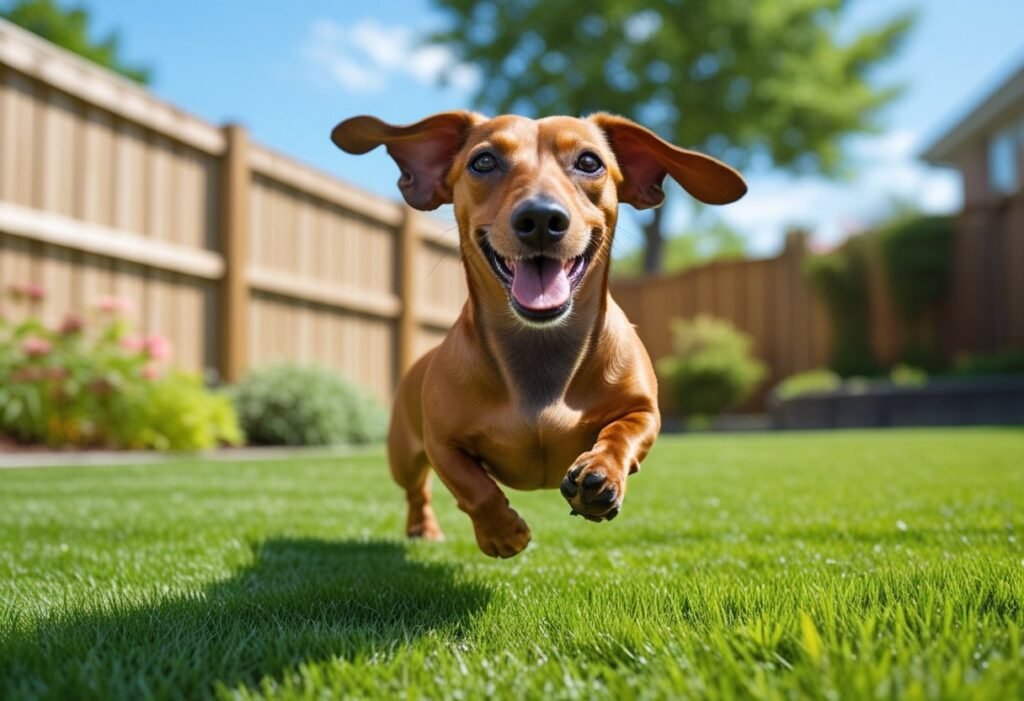 Happy Dachshund running in a safe backyard with secure fence and green grass.