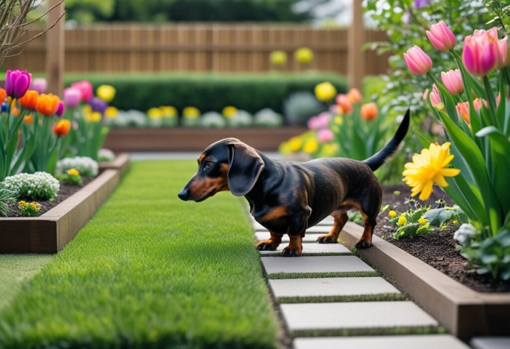 Dachshund sniffing flowers in a safe backyard garden with secure fencing.