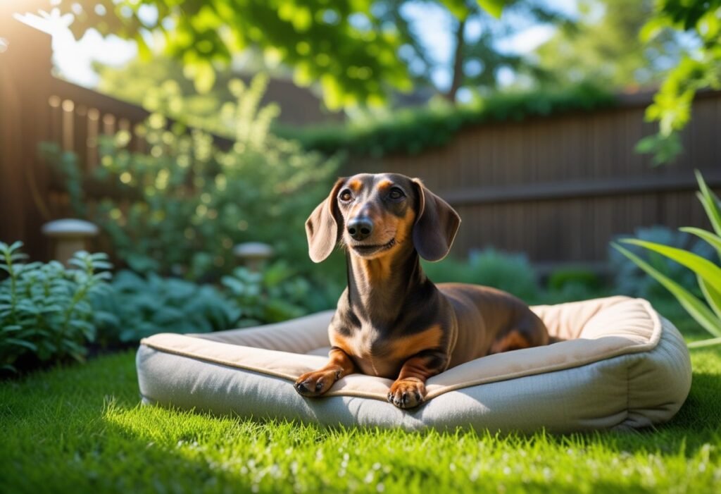 Dachshund resting on a comfy bed in a shaded safe backyard.