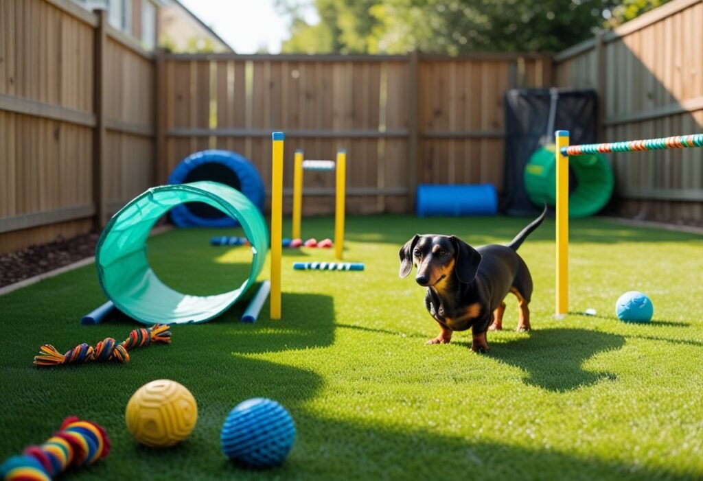 Safe backyard play area with toys and agility course for Dachshund.