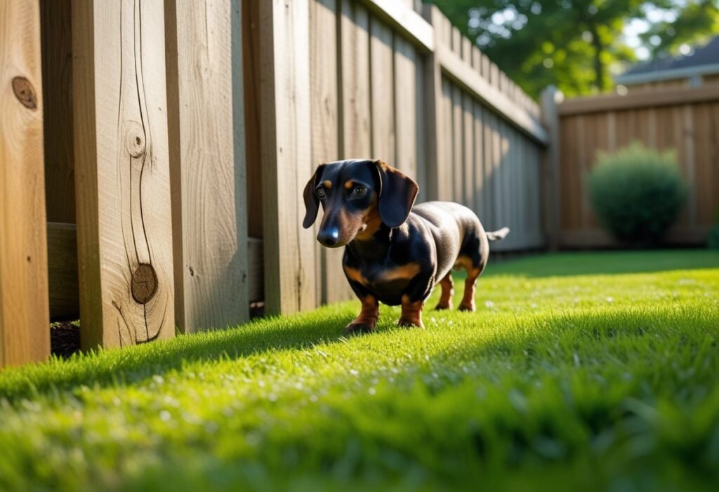 Dachshund exploring safe backyard with sturdy wooden fence.