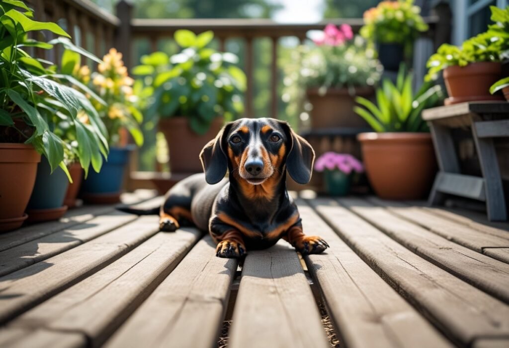 Dachshund lounging on deck in a safe backyard with potted plants.