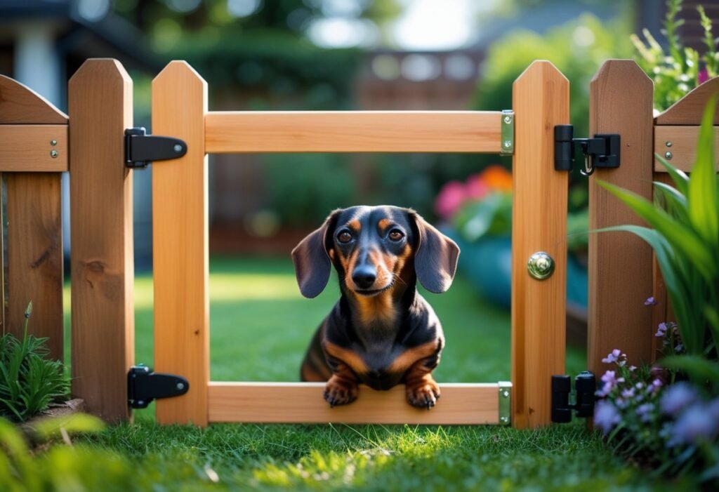 Dachshund peeking through dog-safe gate in secure backyard.