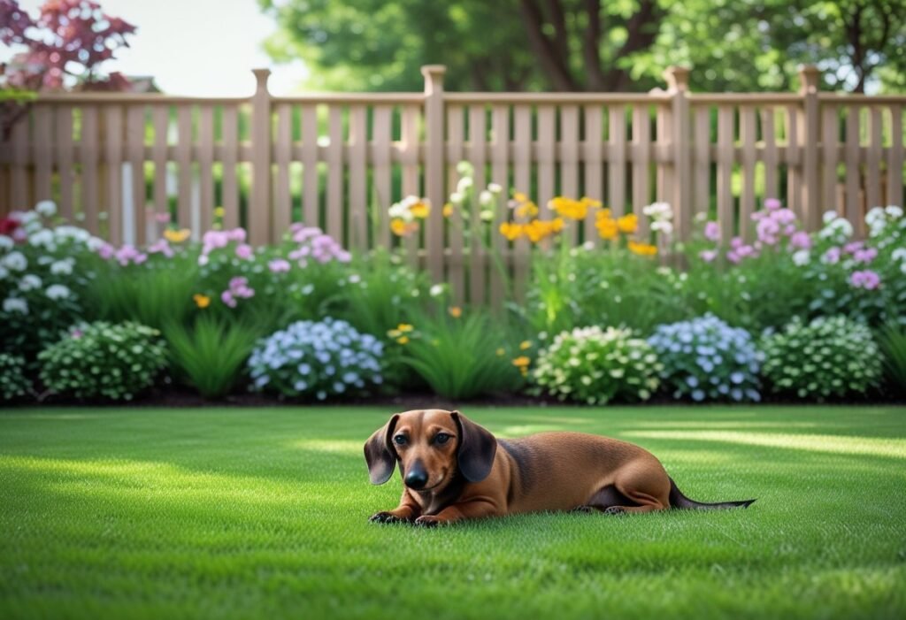 Peaceful Dachshund resting on grass in a safe backyard garden.