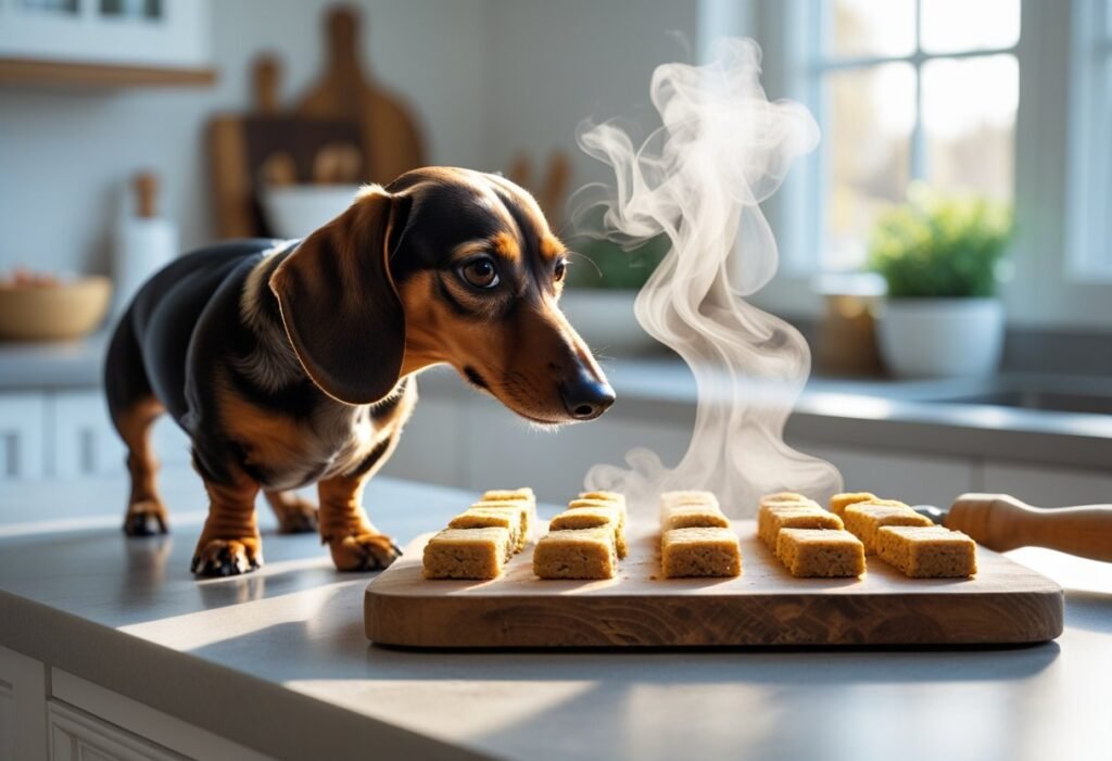 Adorable dachshund sniffing freshly baked DIY dachshund treats on a kitchen counter