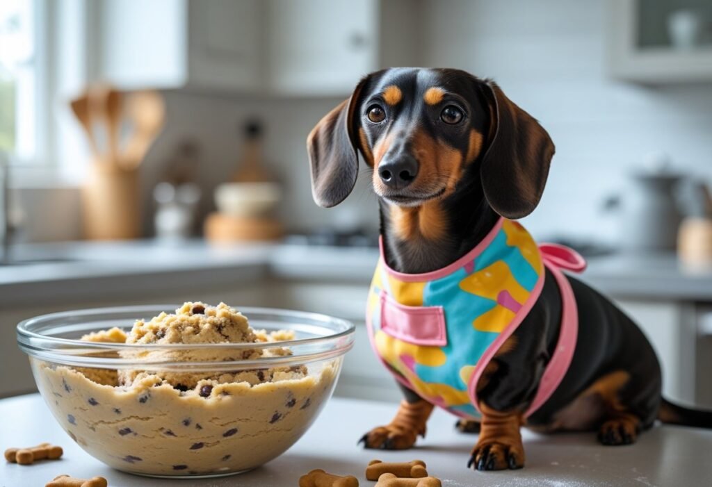Carrot and oat DIY dachshund treats on wooden table with baking tools