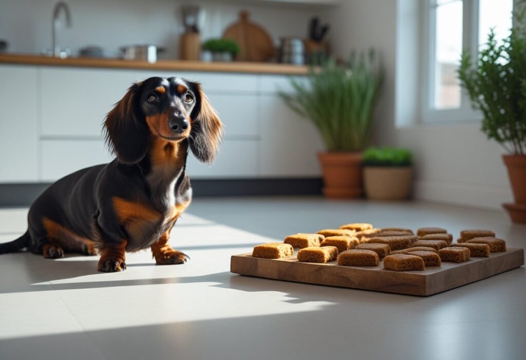 Long-haired dachshund beside freshly baked DIY dachshund treats in kitchen