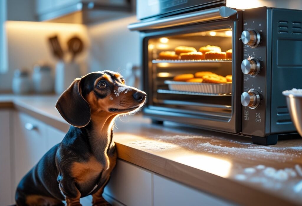 Dachshund with flour on nose watching DIY dachshund treats bake in oven