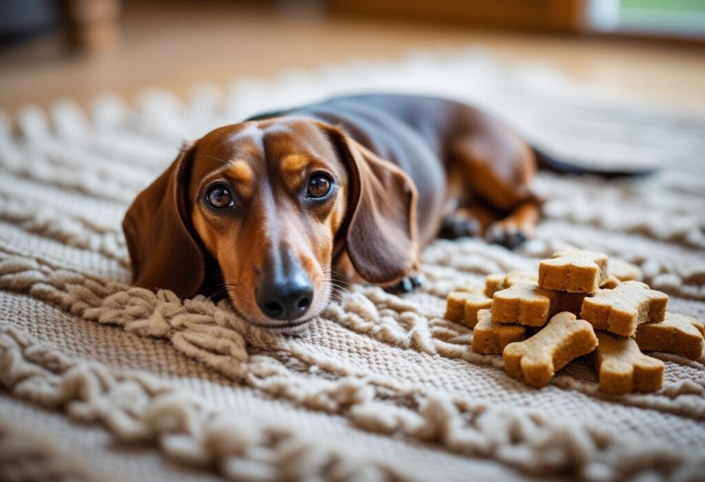 Dachshund on rug with small pile of homemade DIY dachshund treats beside