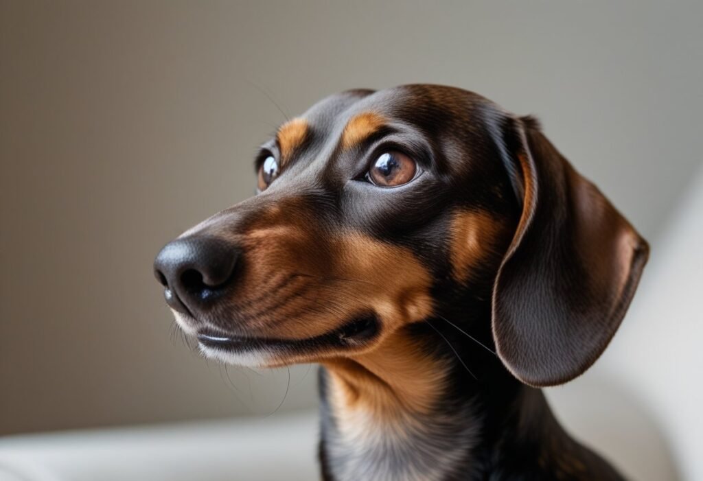 Dachshund tilting head, showing possible ear discomfort and early ear mite symptoms.