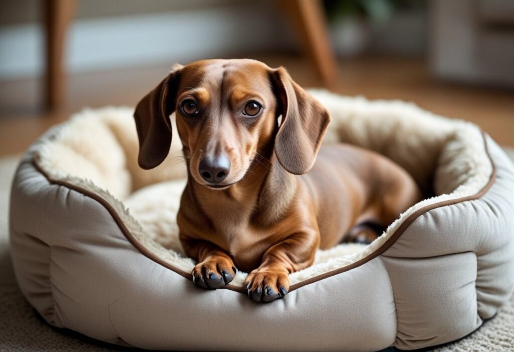 Brown Dachshund scratching ear on dog bed, a common sign of ear mites.