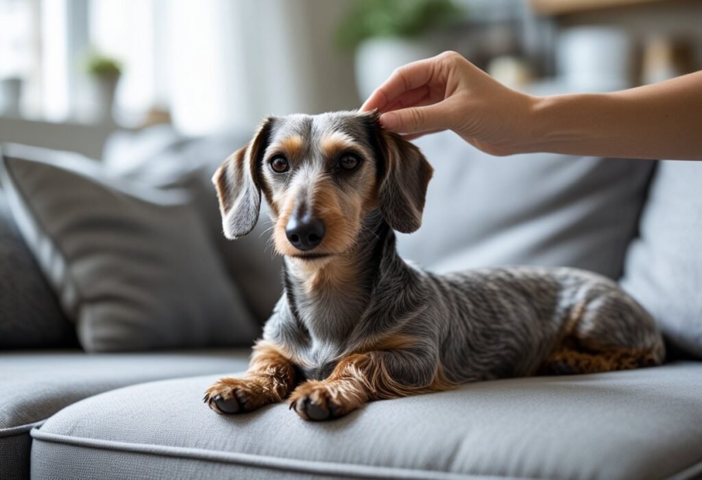 Wire-haired Dachshund having ear lifted for inspection for possible mite symptoms.